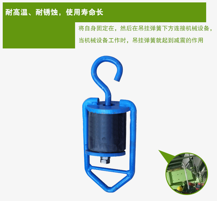 吊掛彈簧將自身固定在，然后在吊掛彈簧下方連接機械設備， 當機械設備工作時，吊掛彈簧就起到減震的作用